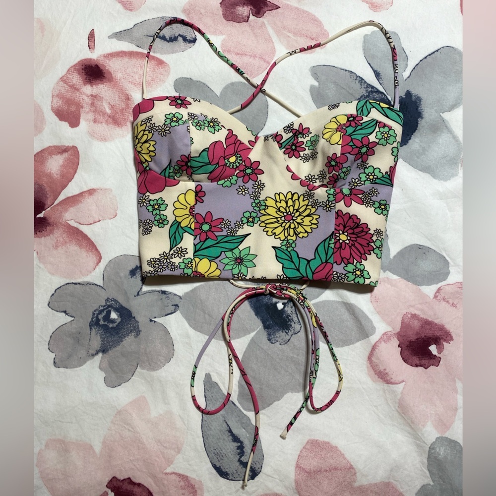 Zara Floral Sleeveless Spaghetti Strap Crop Tank Top Size Medium - Picture 4 of 12